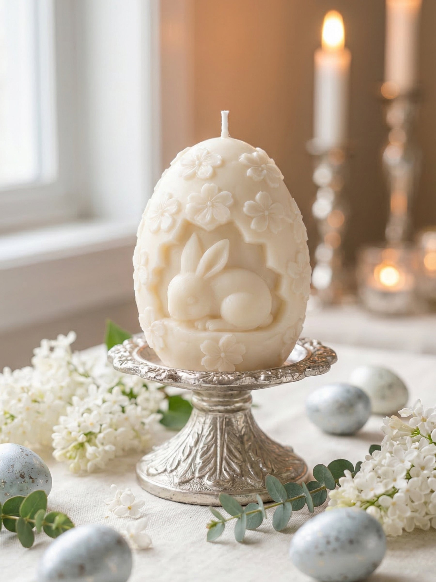 Decorative Easter bunny egg candle styled with spring flowers and eggs, luxury sculptural soy wax candle