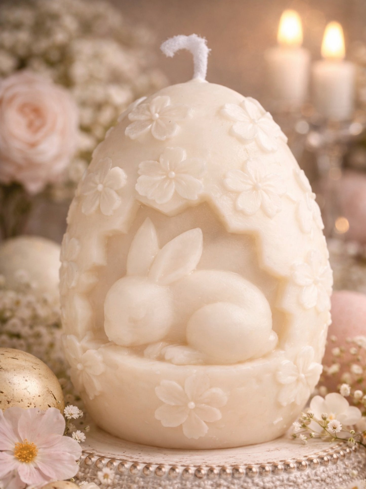 Luxury Easter bunny egg candle with floral detailing, Elysian Spring Bunny Egg sculptural soy wax candle in elegant setting