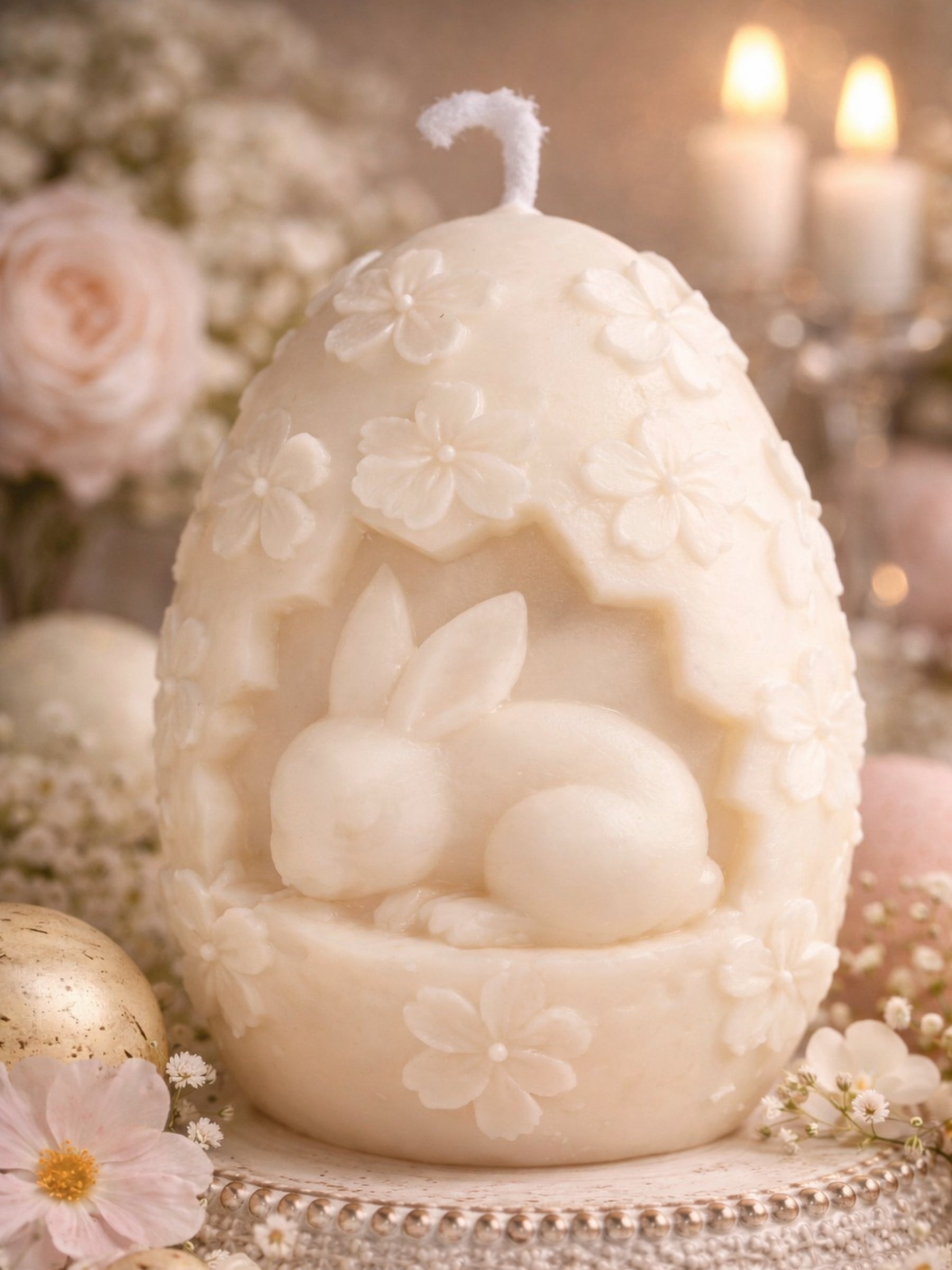 Luxury Easter bunny egg candle with floral detailing, Elysian Spring Bunny Egg sculptural soy wax candle in elegant setting