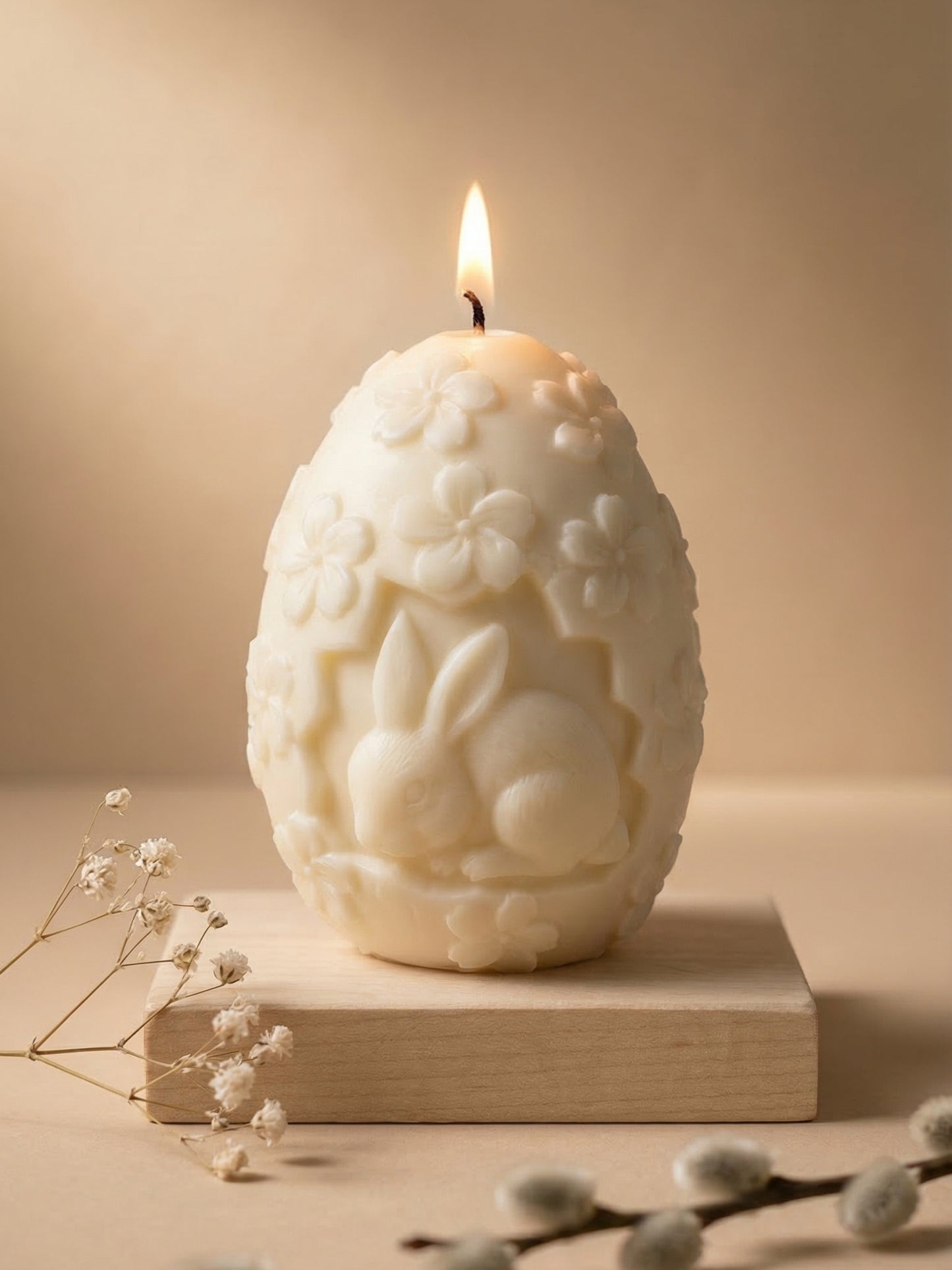 Elysian Spring Bunny Egg sculptural candle lit, natural soy wax Easter bunny egg candle with refined floral design