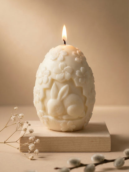Elysian Spring Bunny Egg sculptural candle lit, natural soy wax Easter bunny egg candle with refined floral design