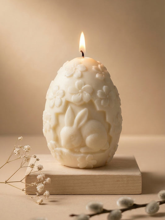 Elysian Spring Bunny Egg sculptural candle lit, natural soy wax Easter bunny egg candle with refined floral design