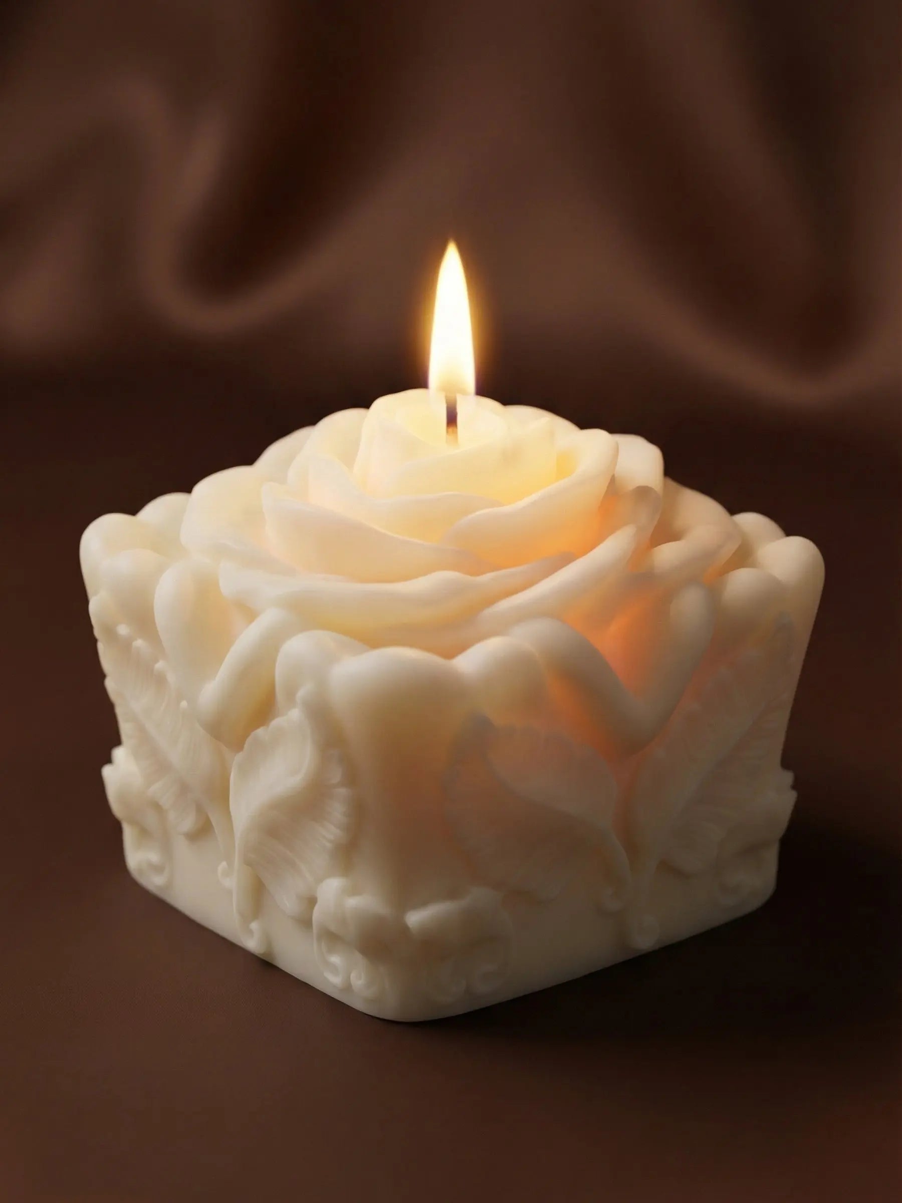 Modern sculptural soy candle with warm vanilla aroma