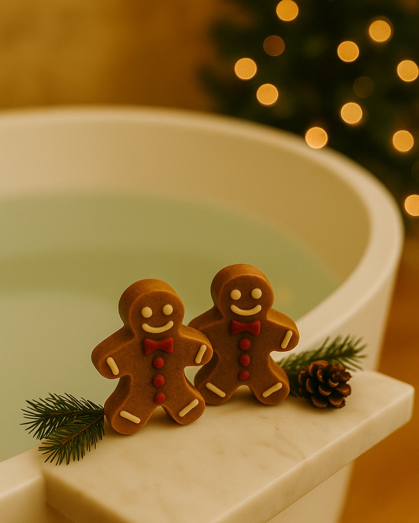 Pair of Deos Co. Golden Gingerbread Glow soaps beside a warm bath, natural Christmas spa setting with festive pine decor and cozy lighting.