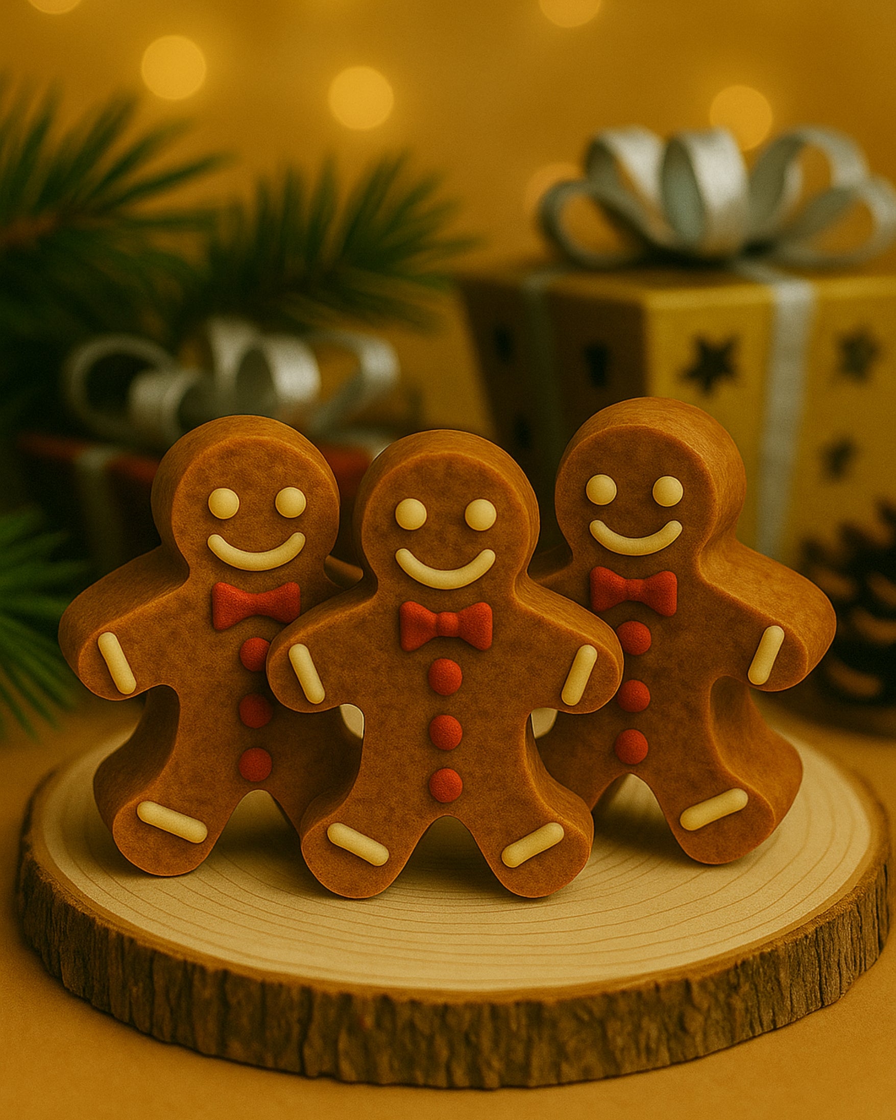 Three gingerbread man soaps handcrafted by Deos Co., made with organic olive oil, ginger, and clove, styled with golden Christmas gifts and pine for a festive luxury feel.