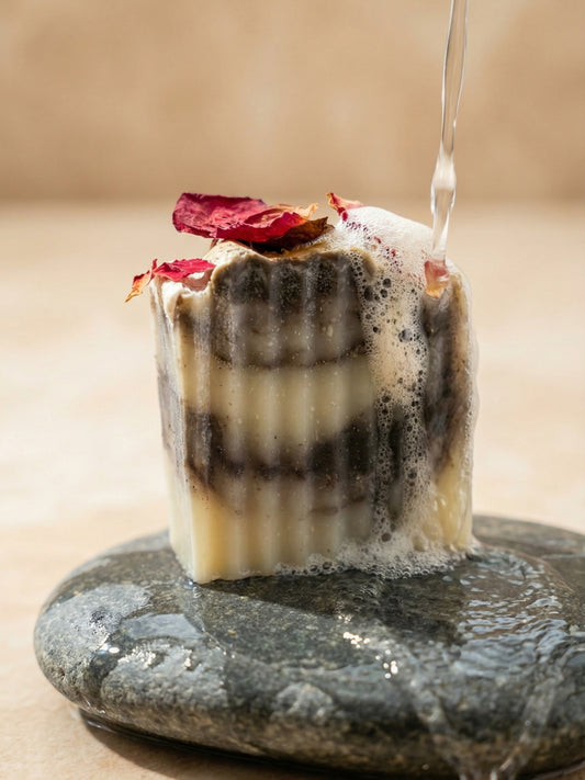 Hellenic Harmony olive oil soap by DEOS Co with creamy lather and water flowing over handmade Mediterranean natural soap on stone surface