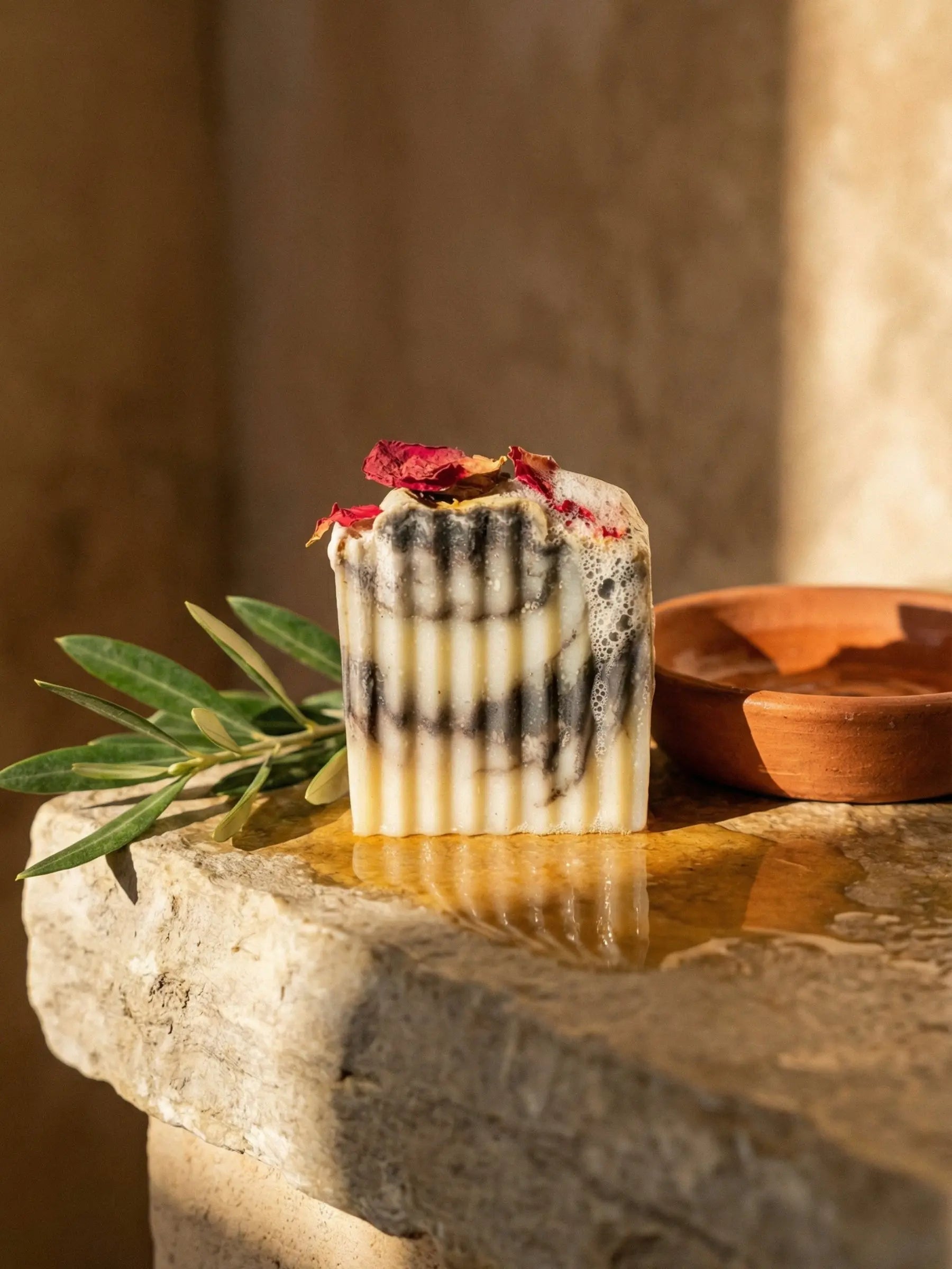 Hellenic Harmony olive oil soap with olive leaves and terracotta dish showcasing natural Greek inspired skincare by DEOS Co