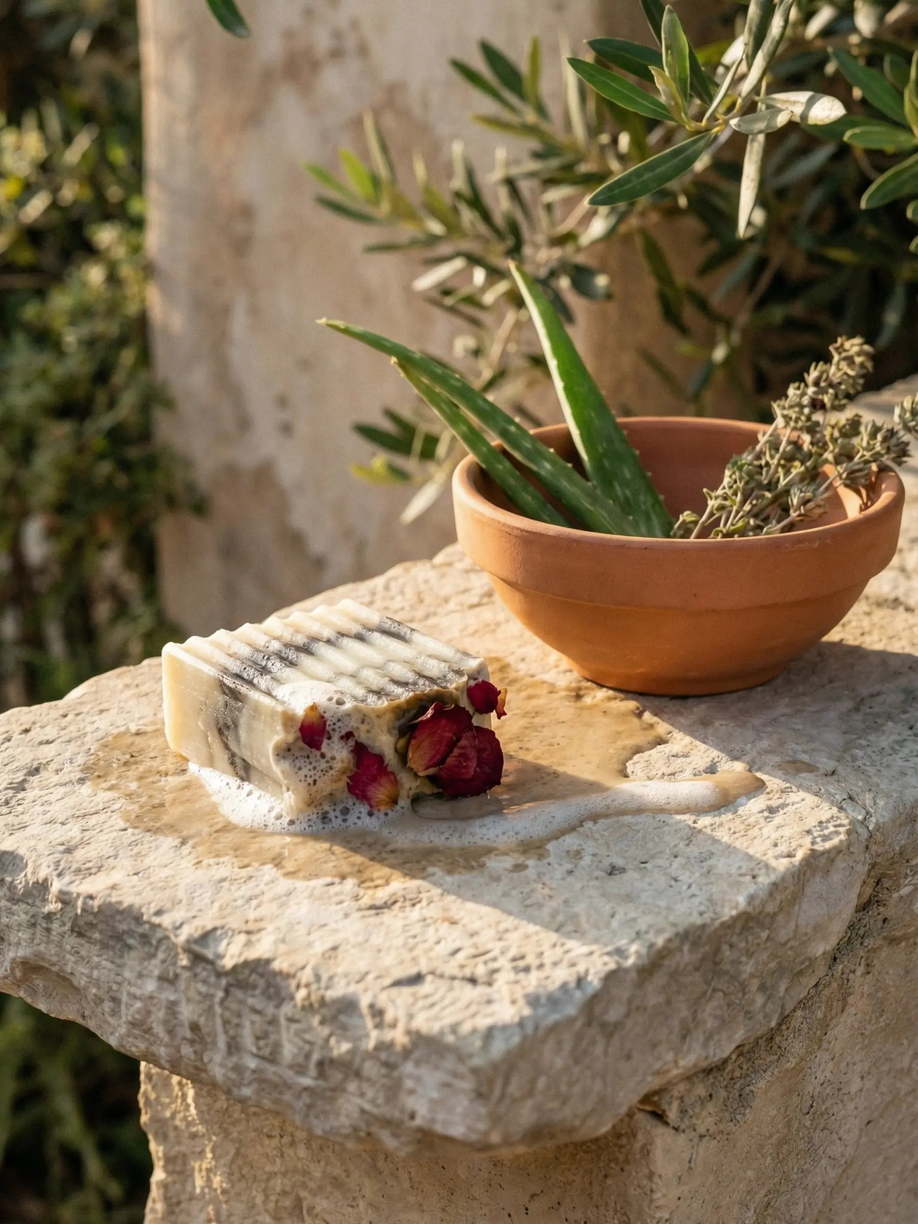 Hellenic Harmony natural olive oil soap placed on rustic stone pedestal in Mediterranean setting luxury handmade soap by DEOS Co