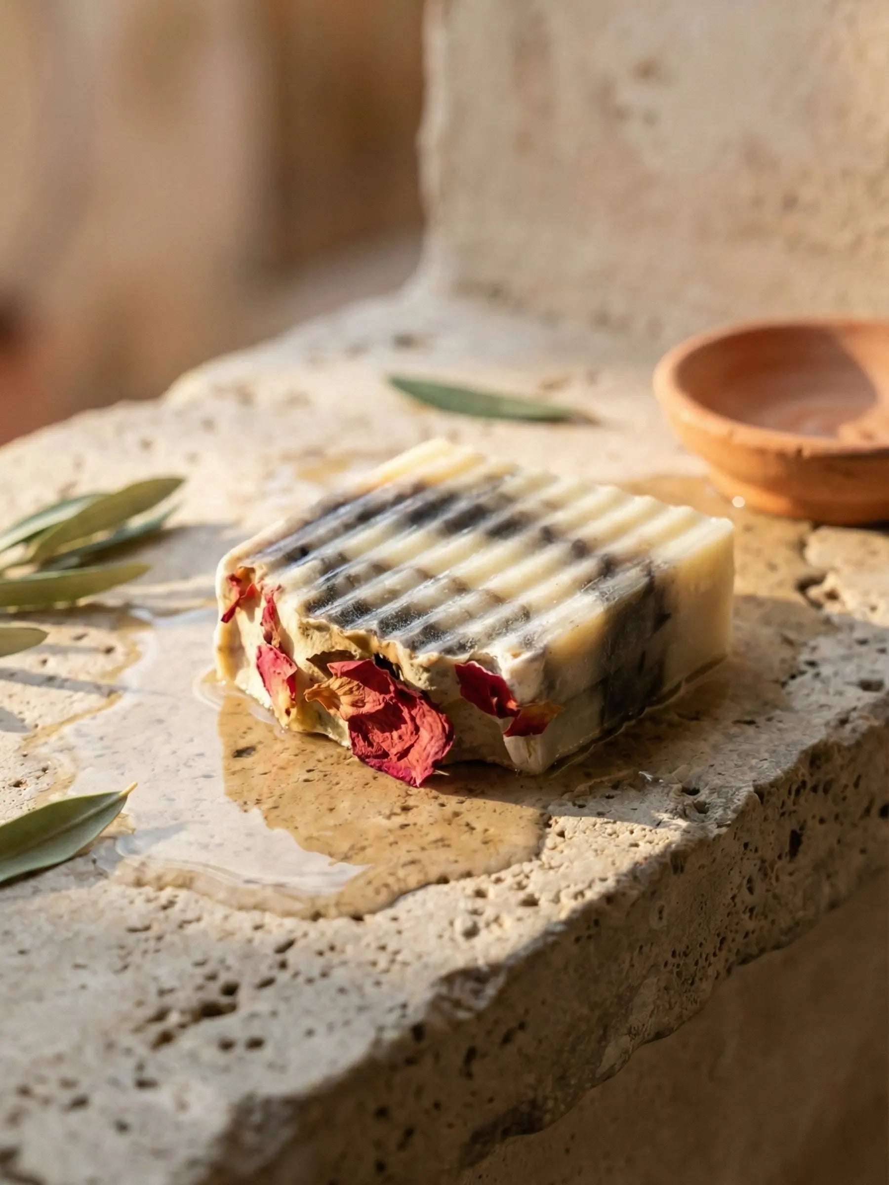 Top view of Hellenic Harmony olive oil soap bar by DEOS Co highlighting artisanal texture and botanical ingredients natural skincare