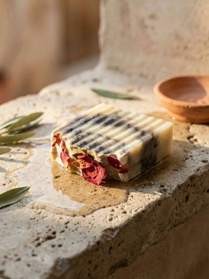 Top view of Hellenic Harmony olive oil soap bar by DEOS Co highlighting artisanal texture and botanical ingredients natural skincare