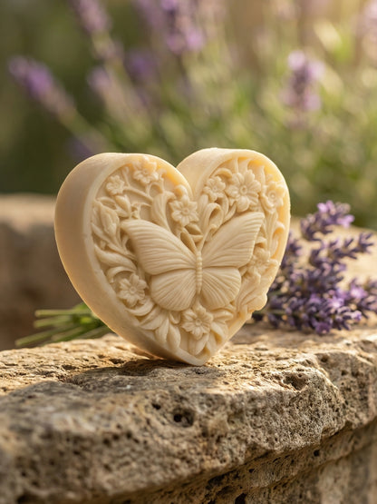 KARDIÁ lavender butterfly heart olive oil soap by DEOS CO. styled outdoors with fresh lavender