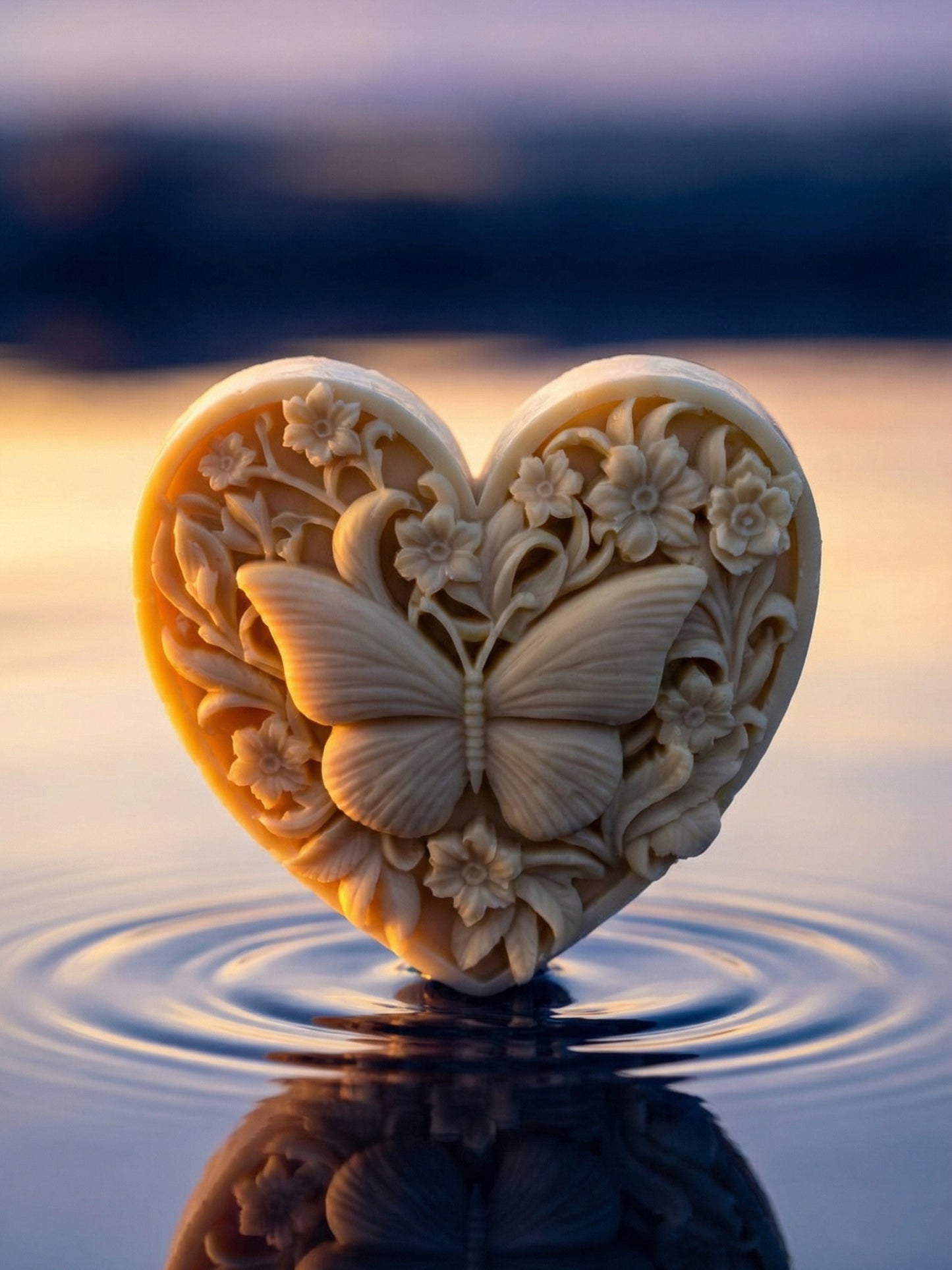 KARDIÁ butterfly heart olive oil soap by DEOS CO. standing in water with reflection at sunset