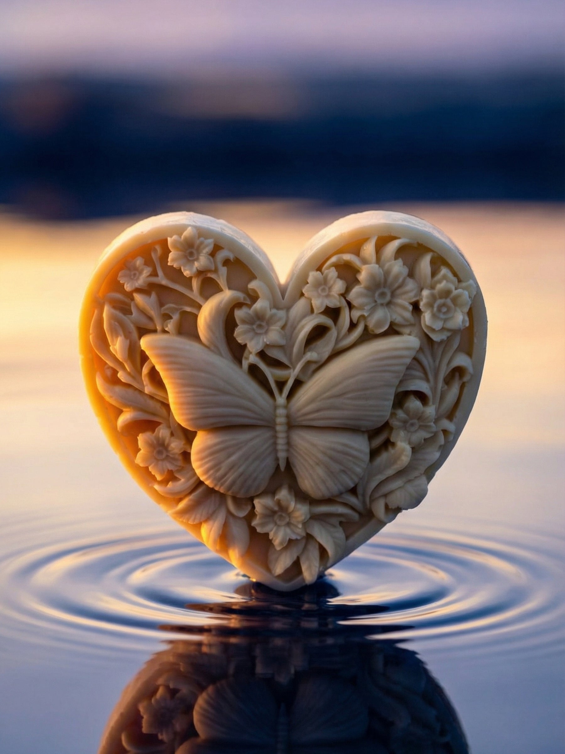 KARDIÁ butterfly heart olive oil soap by DEOS CO. standing in water with reflection at sunset