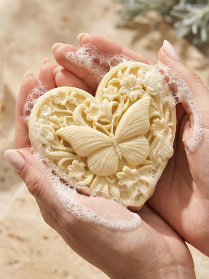 KARDIÁ lavender butterfly heart olive oil soap lathering in hands by DEOS CO., natural moisturizing bar