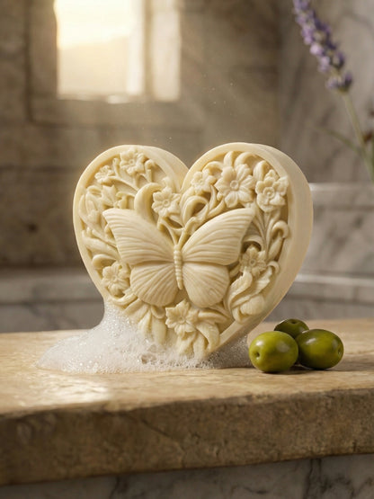 KARDIÁ butterfly heart olive oil soap by DEOS CO. displayed on marble with olives, Nardus Bliss Collection
