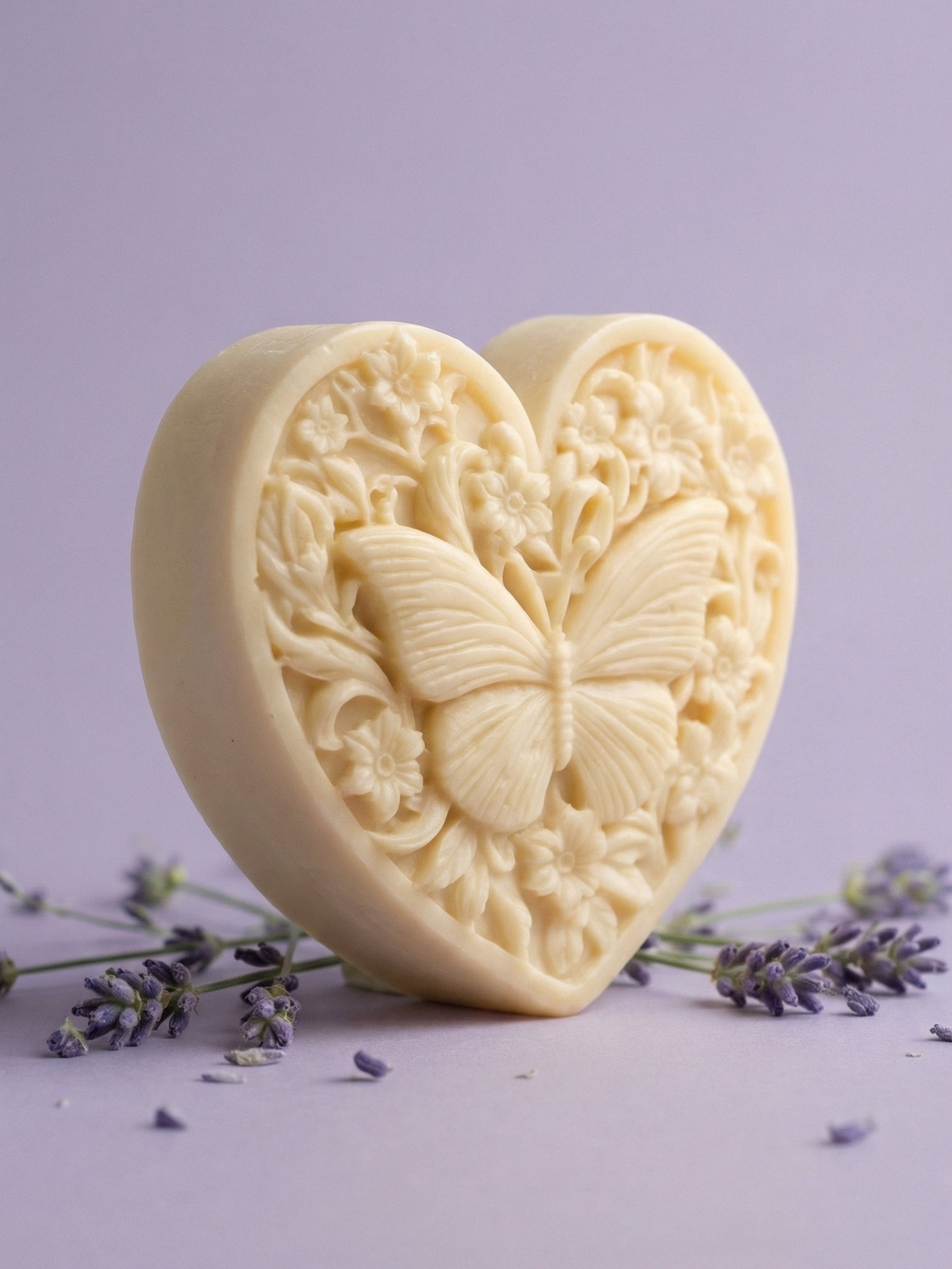 KARDIÁ butterfly heart lavender olive oil soap by DEOS CO. with floating lavender on stone pedestal