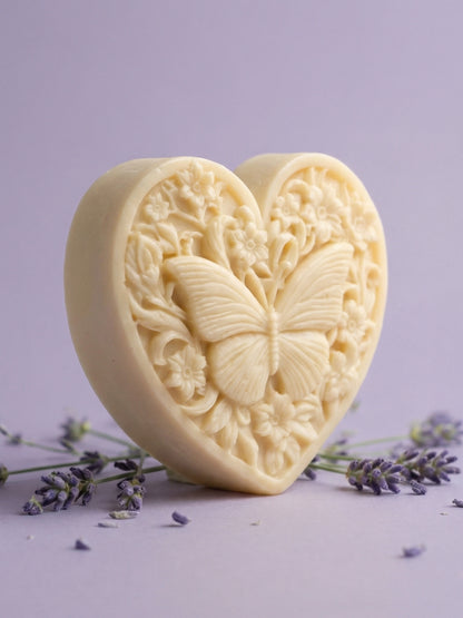 KARDIÁ butterfly heart lavender olive oil soap by DEOS CO. with floating lavender on stone pedestal