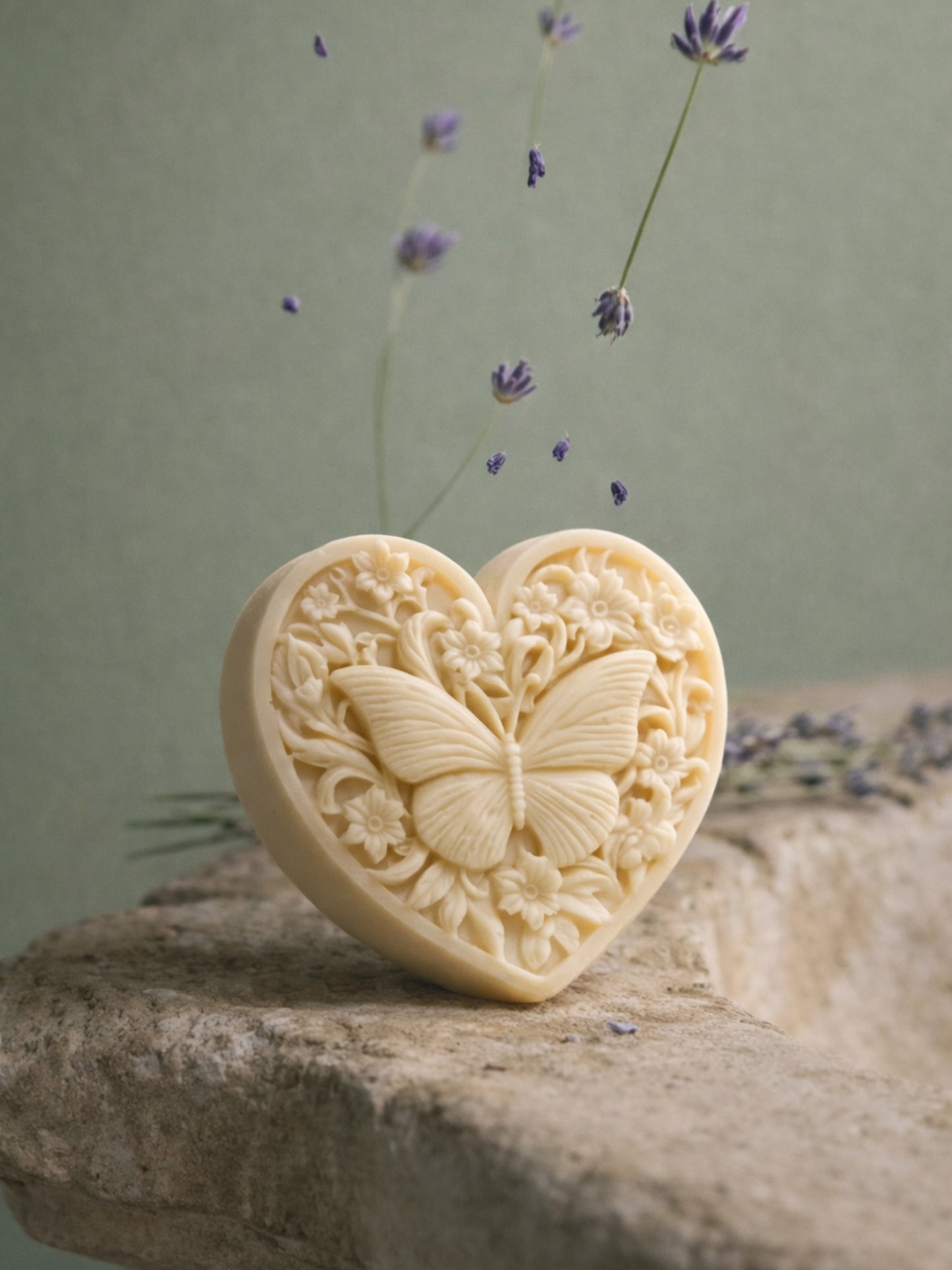 KARDIÁ butterfly heart lavender olive oil soap by DEOS CO. with floating lavender on stone pedestal