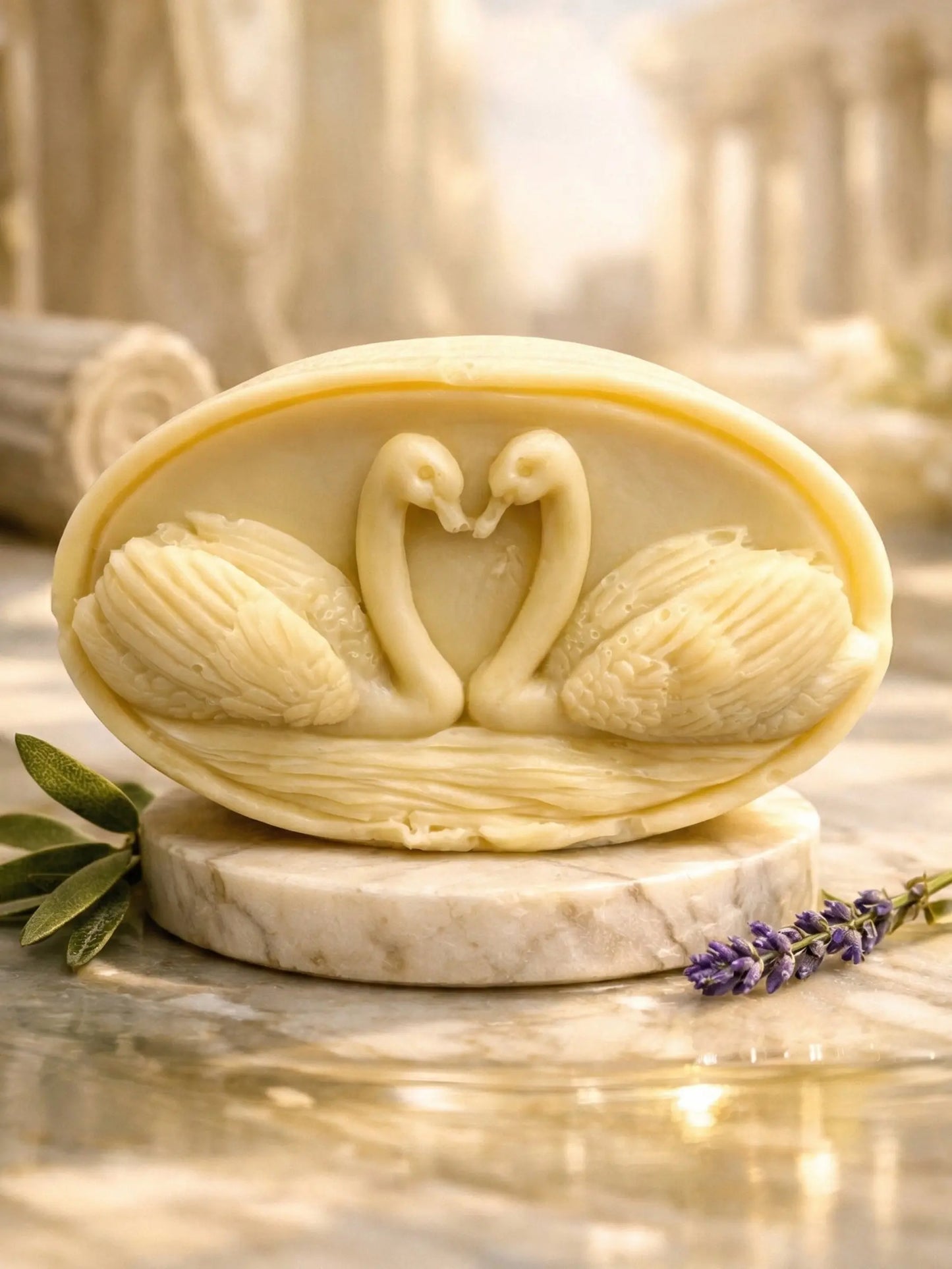 Luxury KYKNOS swan soap made with pure Greek olive oil and lavender, sculpted artisan oval soap from the Nardus Bliss Collection by DEOS Co.
