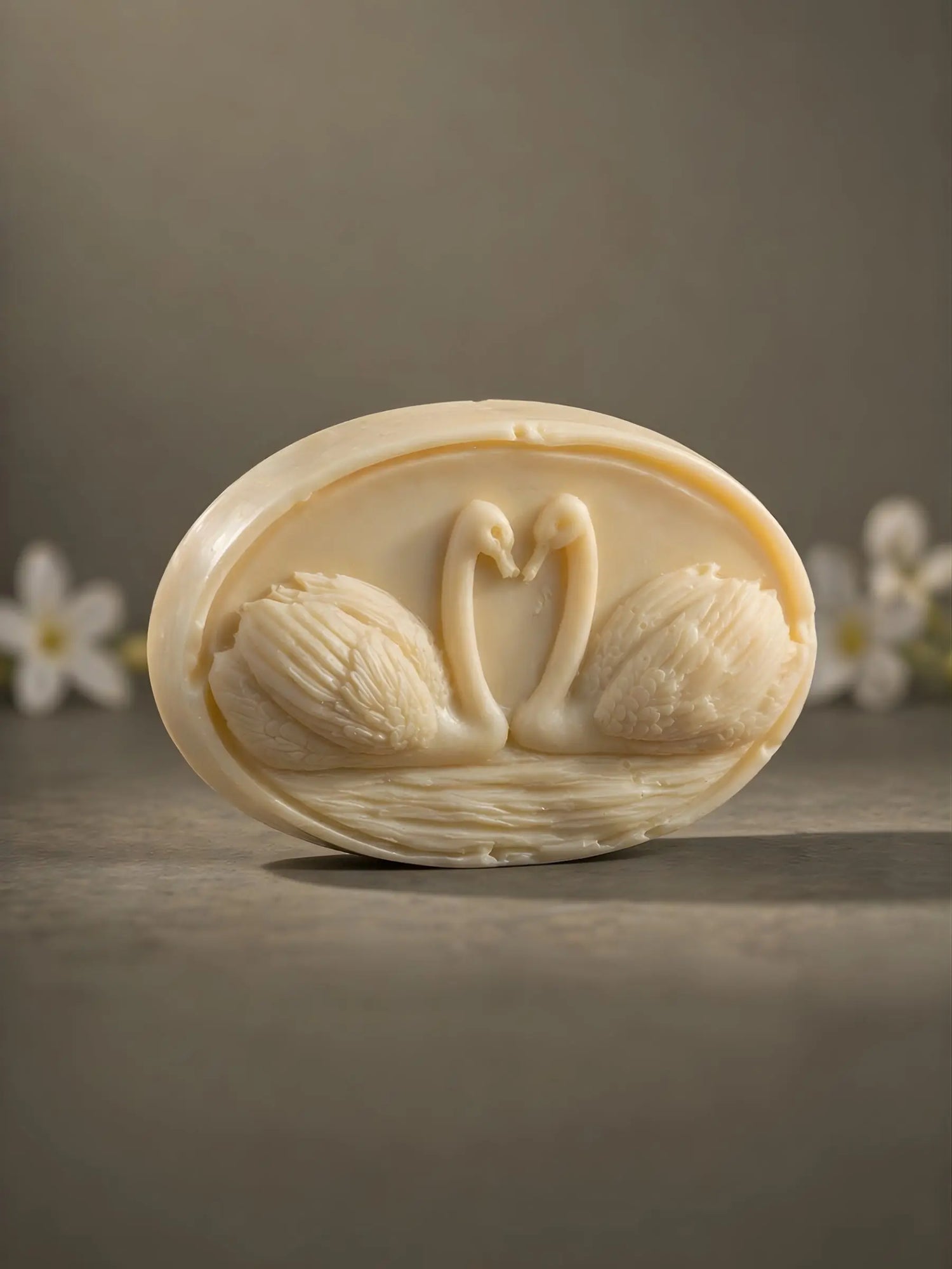 Jasmine olive oil soap with swan design by DEOS Co., sculpted oval soap bar, luxury natural skincare