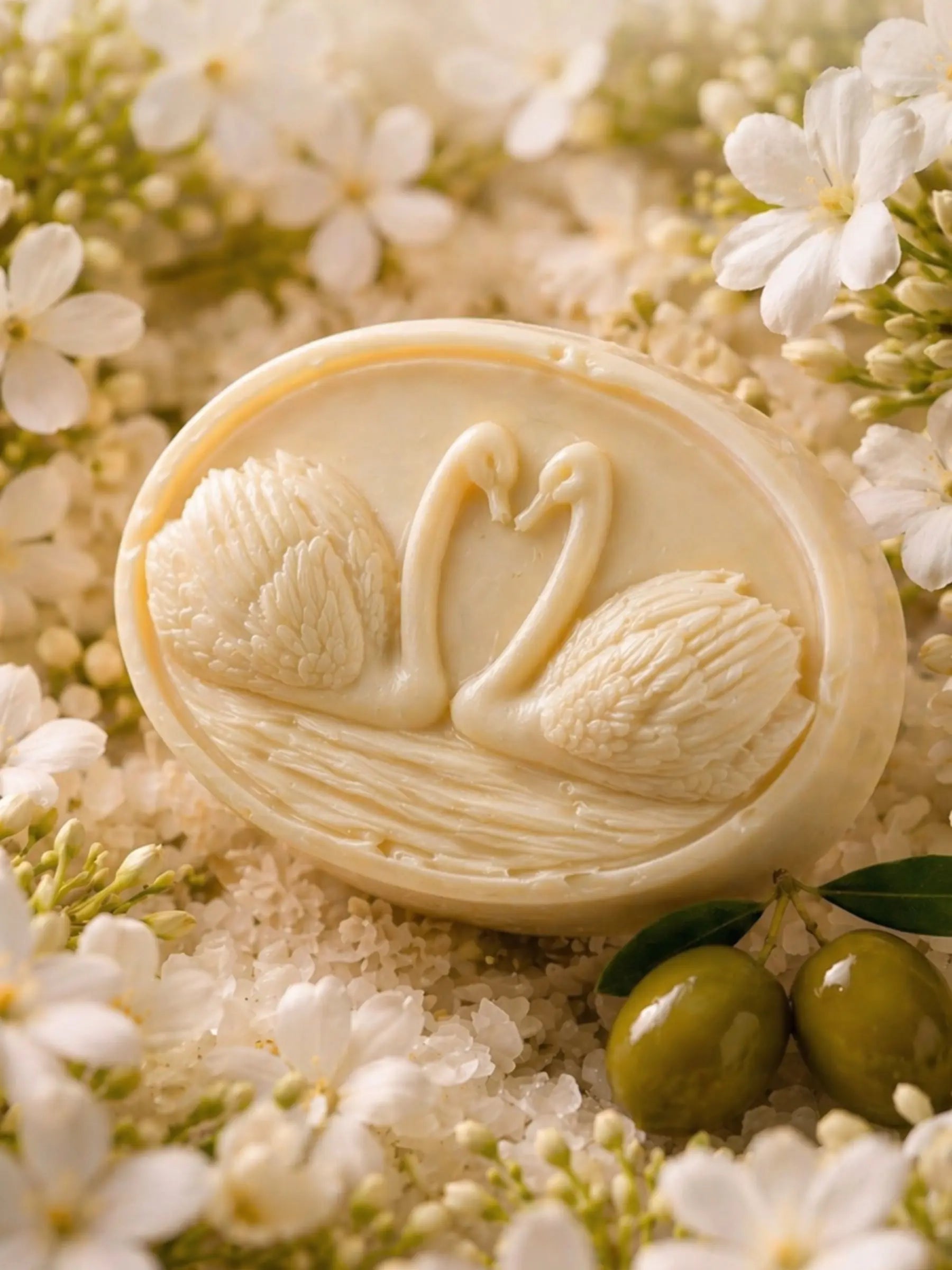 Luxury jasmine olive oil soap with swan design, surrounded by white jasmine flowers and green olives, natural skincare by DEOS Co.