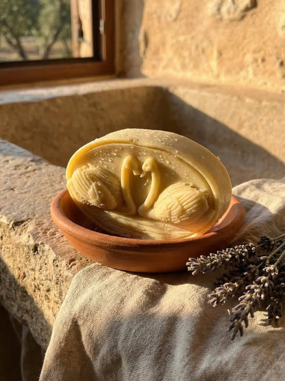 KYKNOS swan olive oil soap resting on terracotta dish with lavender sprigs, artisan Greek olive oil soap by DEOS Co.