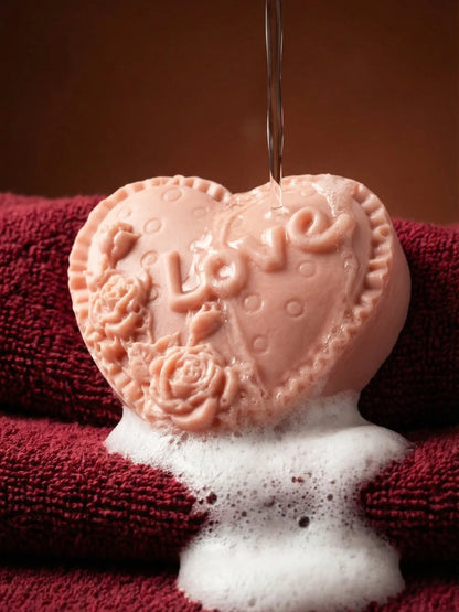 Heart-shaped soap with 'LOVE' and floral designs on a red towel by DEOS CO. Valentine Collection. Rose geranium and vanilla soap by DEOS CO