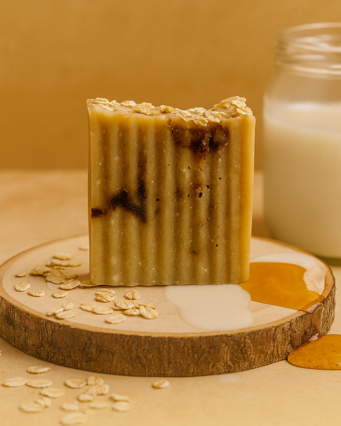Bar of natural organic soap with oatmeal pieces, honey and spilled oatmilk on a wooden board with a jar in the background by DEOS Co. brand