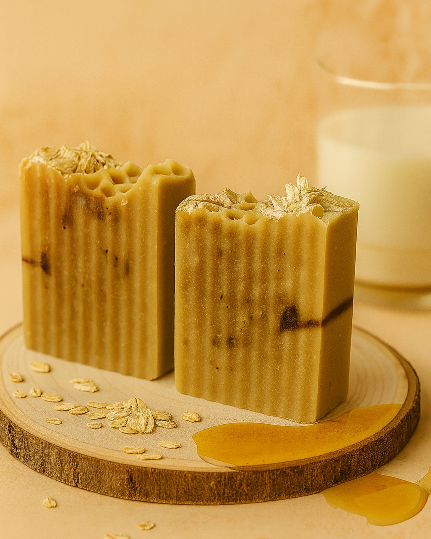 Two rectangular bars of soap with oatmeal and honey on a wooden board with a glass of milk in the background.