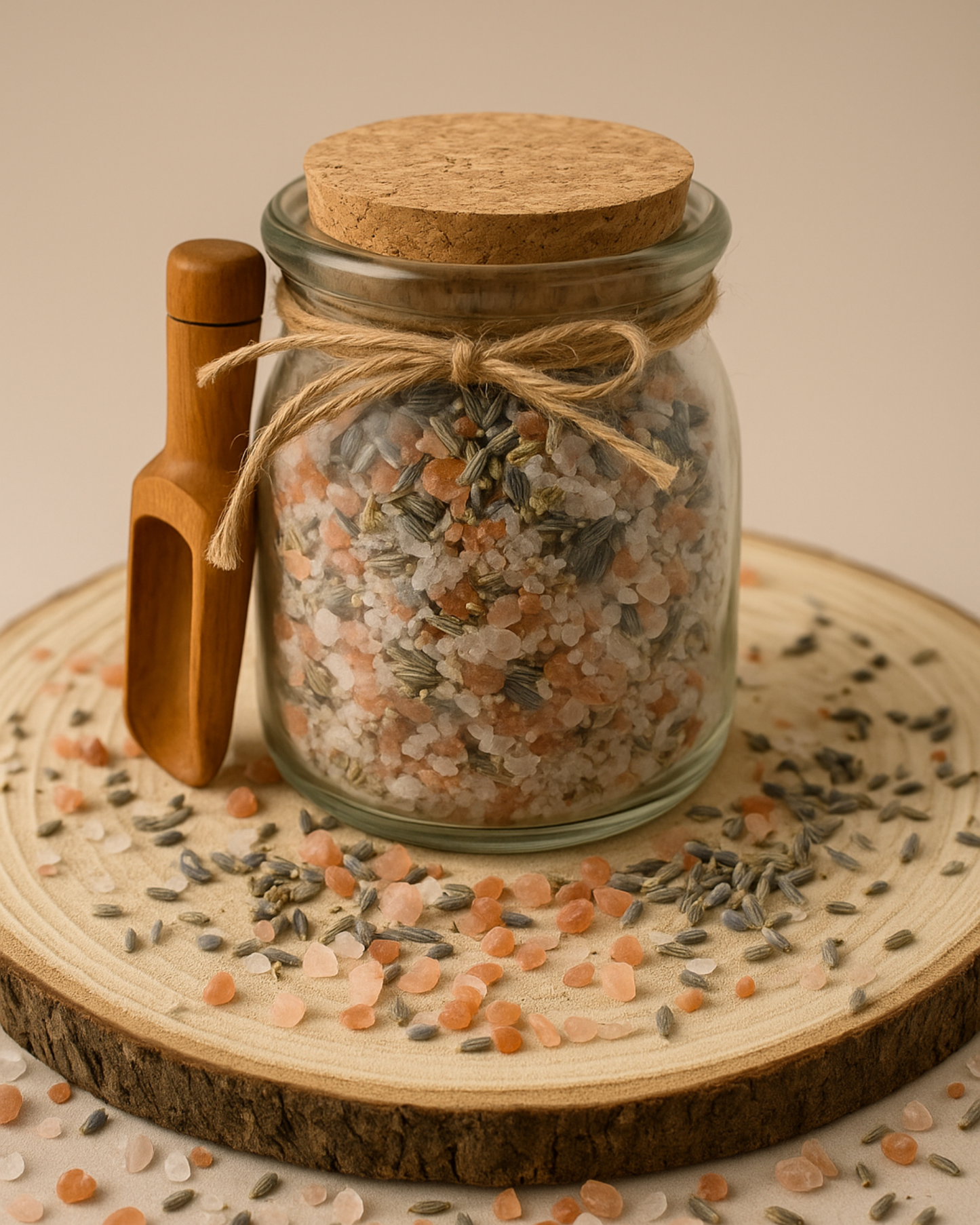 Nardus Hemera Bath Soak by DEOS CO – luxury Himalayan and lavender bath salts in glass jar with cork lid and wooden scoop