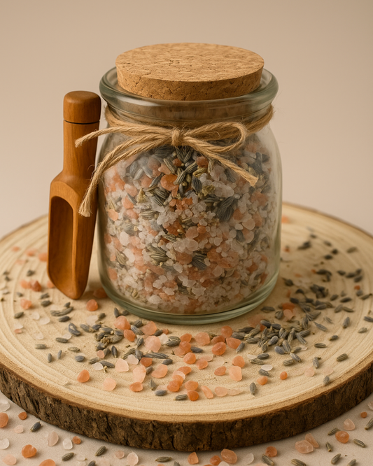 Nardus Hemera Bath Soak by DEOS CO – luxury Himalayan and lavender bath salts in glass jar with cork lid and wooden scoop