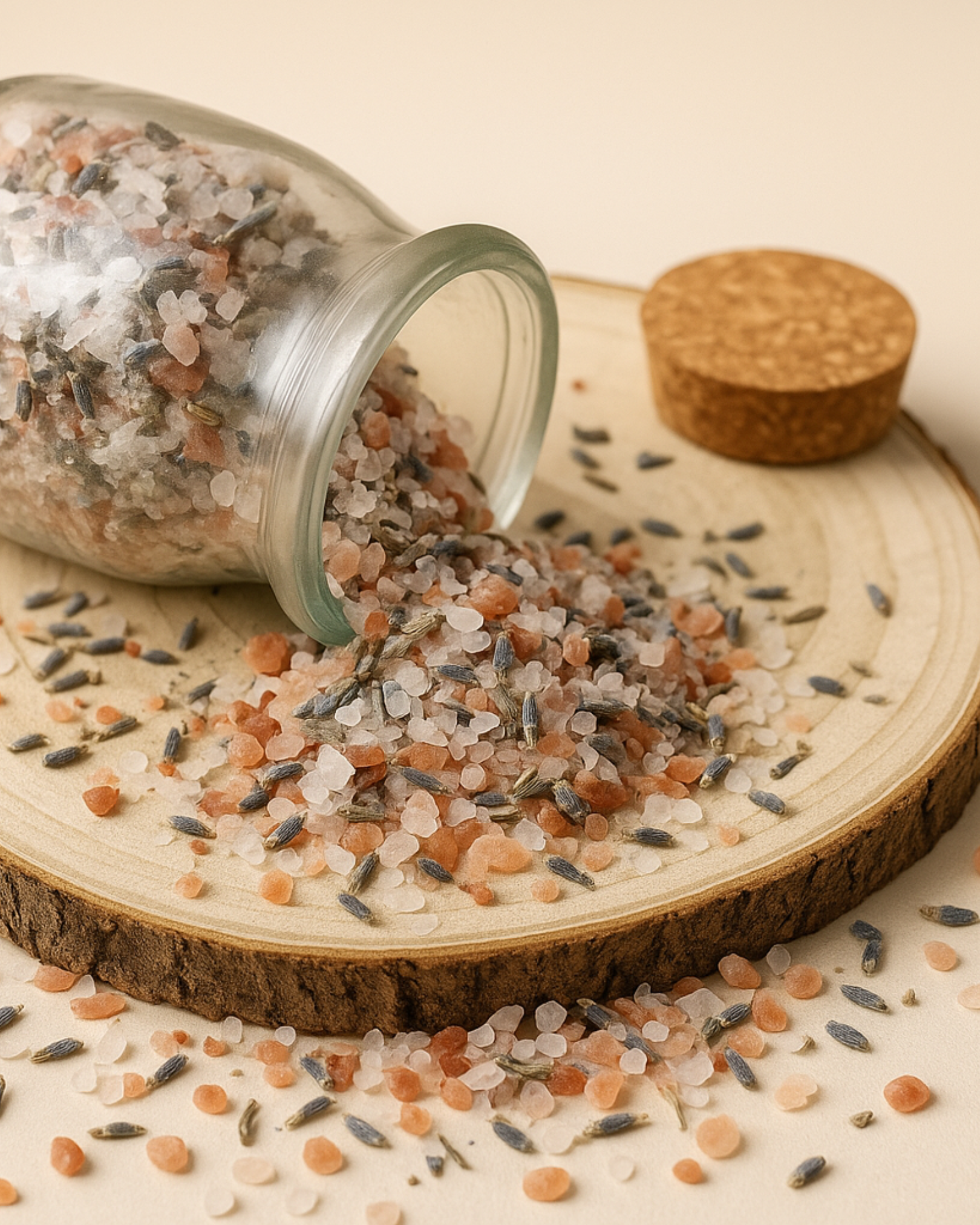 Luxury Nardus Hemera Bath Soak by DEOS CO – handcrafted pink Himalayan salt, dead sea salt and lavender salts displayed on wood slice with cork lid and scoop.