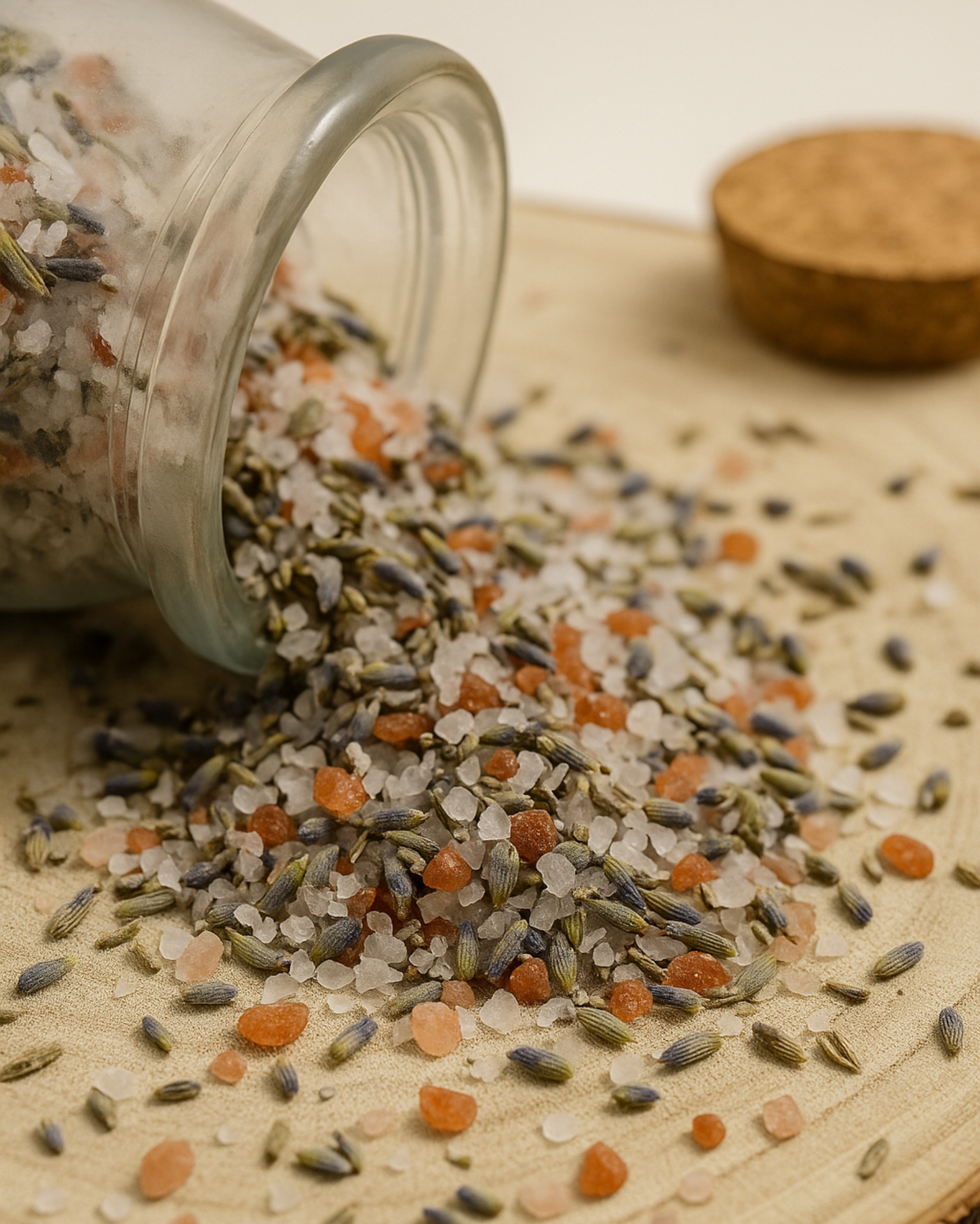Handcrafted Nardus Hemera Bath Soak by DEOS CO – natural Himalayan and lavender salts spilling from a glass jar onto a wooden tray.