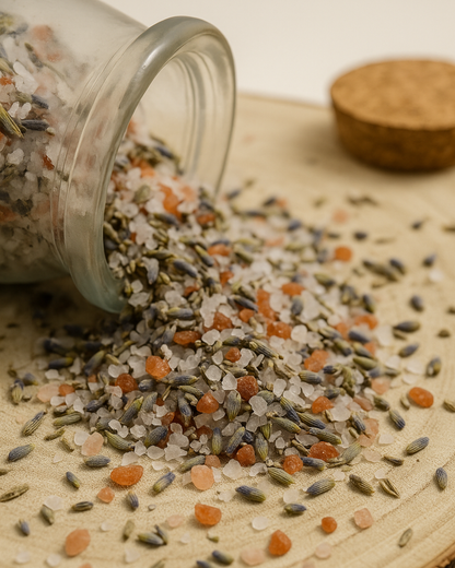 Handcrafted Nardus Hemera Bath Soak by DEOS CO – natural Himalayan and lavender salts spilling from a glass jar onto a wooden tray.