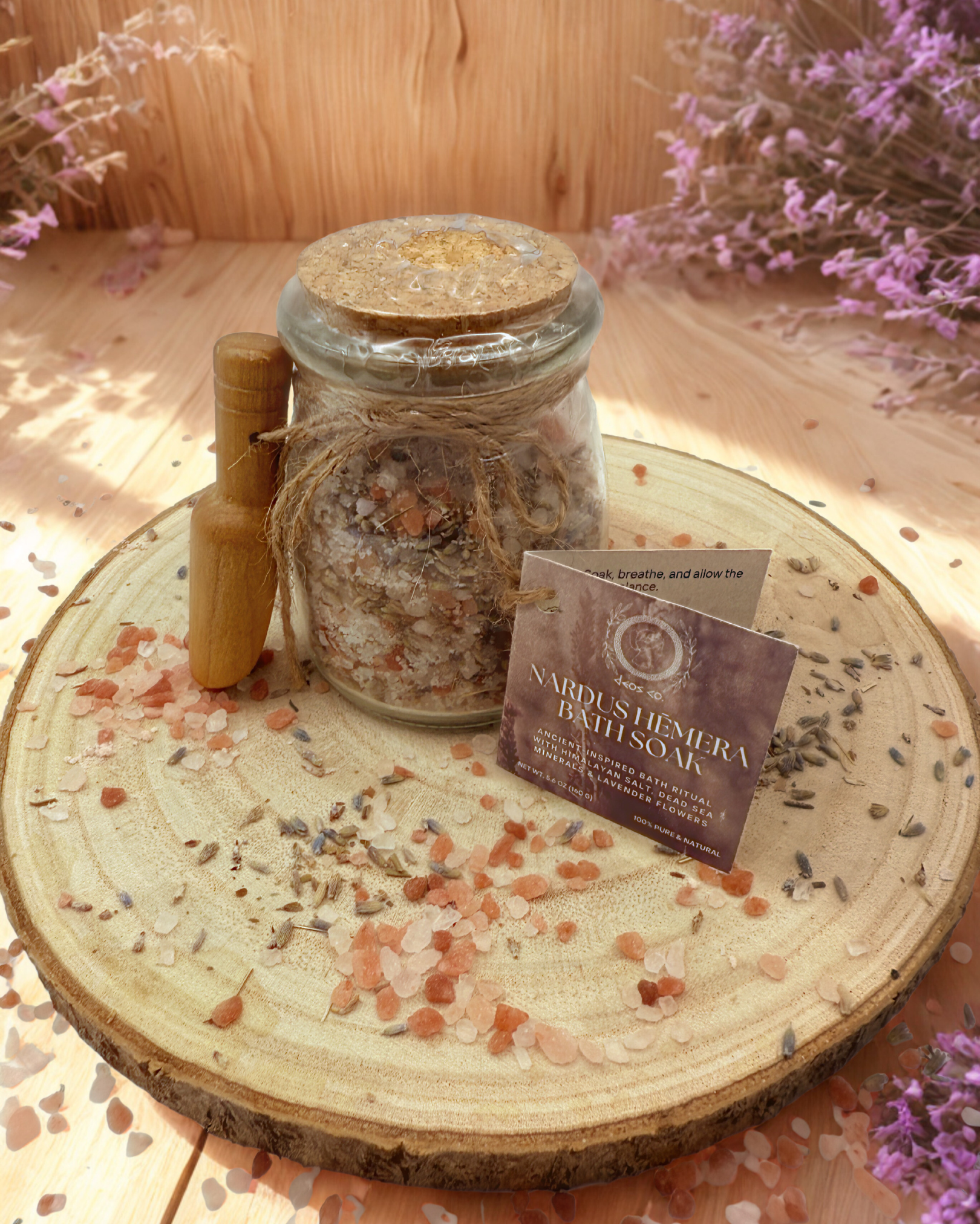 Greek-inspired Nardus Hemera Bath Soak by DEOS CO – natural Himalayan pink salt and lavender spa ritual in elegant packaging.