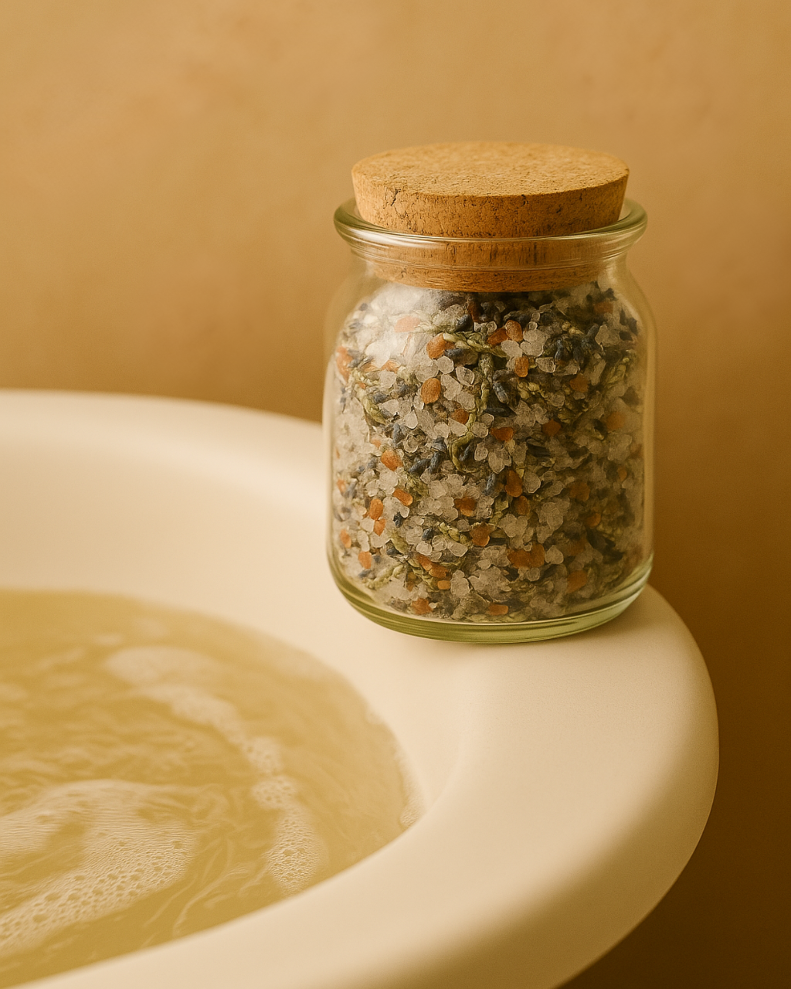 Nardus Hemera Bath Soak by DEOS CO beside a warm bath tub – luxurious handmade Himalayan salt blend for relaxation and skin nourishment
