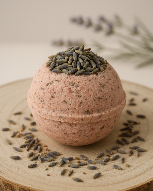 Nardus Sphere Pink bath bomb with lavender buds on a wooden surface by DEOS CO.