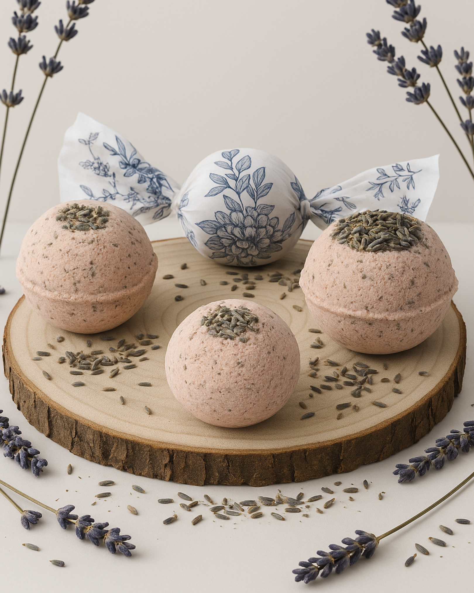 Nardus Sphere Bath bombs with lavender and rosemary on a wooden board with lavender flowers around by DEOS CO.
