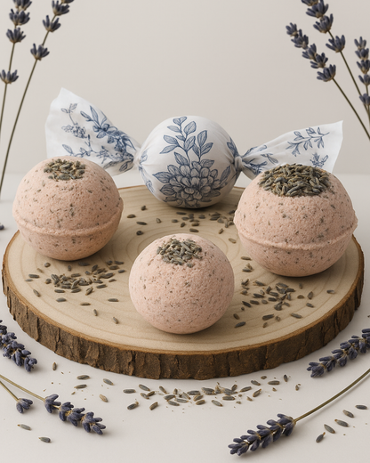 Nardus Sphere Bath bombs with lavender and rosemary on a wooden board with lavender flowers around by DEOS CO.