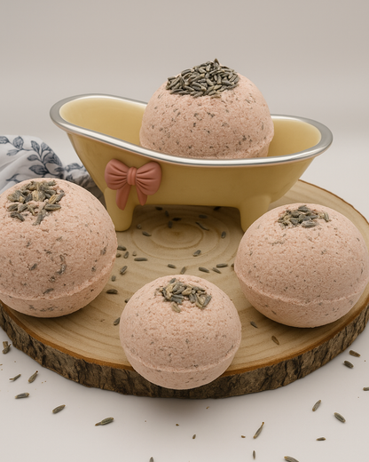 Nardus Sphere Lavender bath bombs with greenery on top on a wooden board with a small bathtub decoration by DEOS CO.