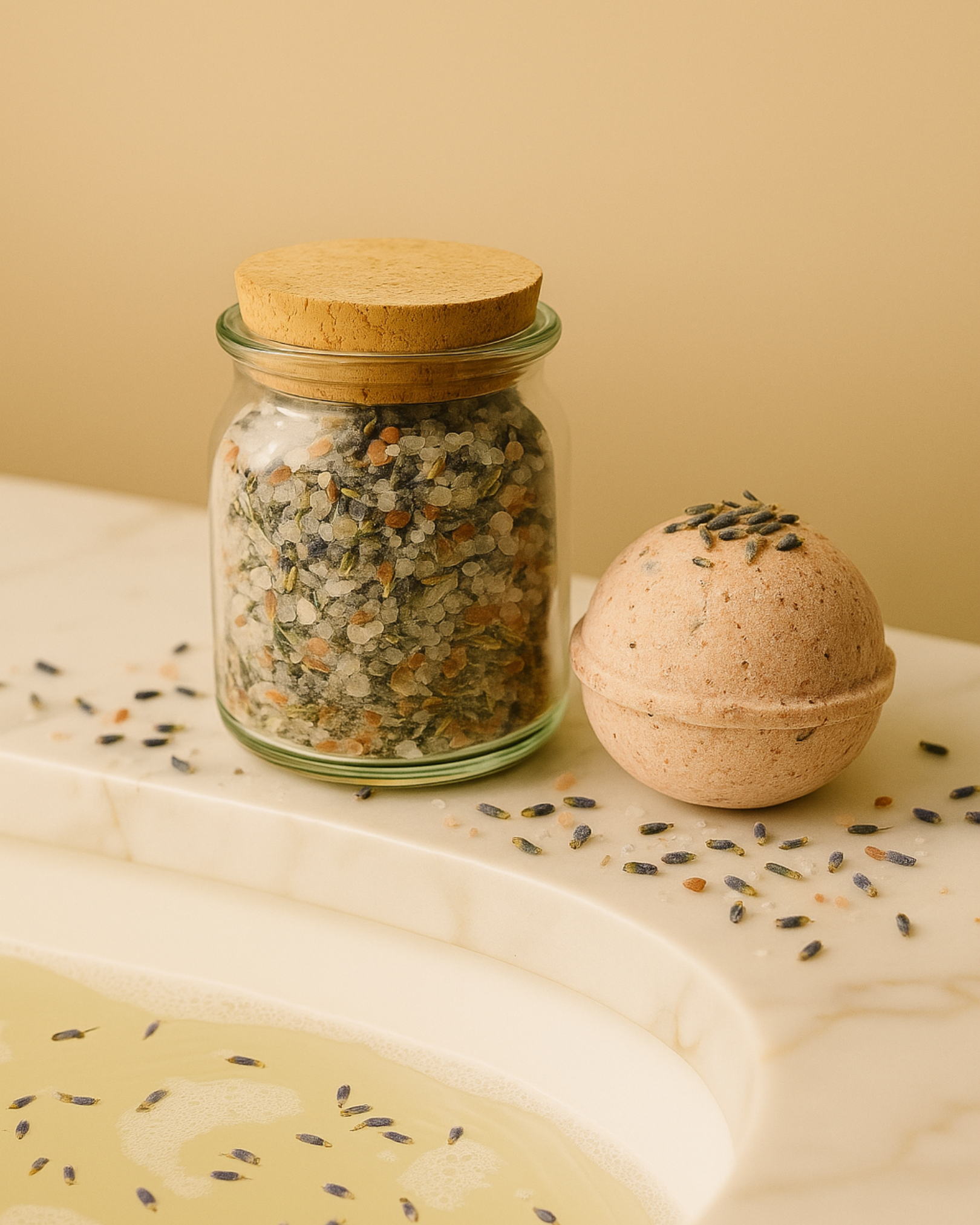 Luxury Nardus Hemera bath soak and Nardus Sphere lavender bath bomb beside a marble bathtub with warm water, featuring Himalayan pink salt and Dead Sea minerals in a minimalist beige spa setting by DEOS Co brand