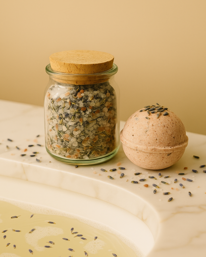 Luxury Nardus Hemera bath soak and Nardus Sphere lavender bath bomb beside a marble bathtub with warm water, featuring Himalayan pink salt and Dead Sea minerals in a minimalist beige spa setting by DEOS Co brand