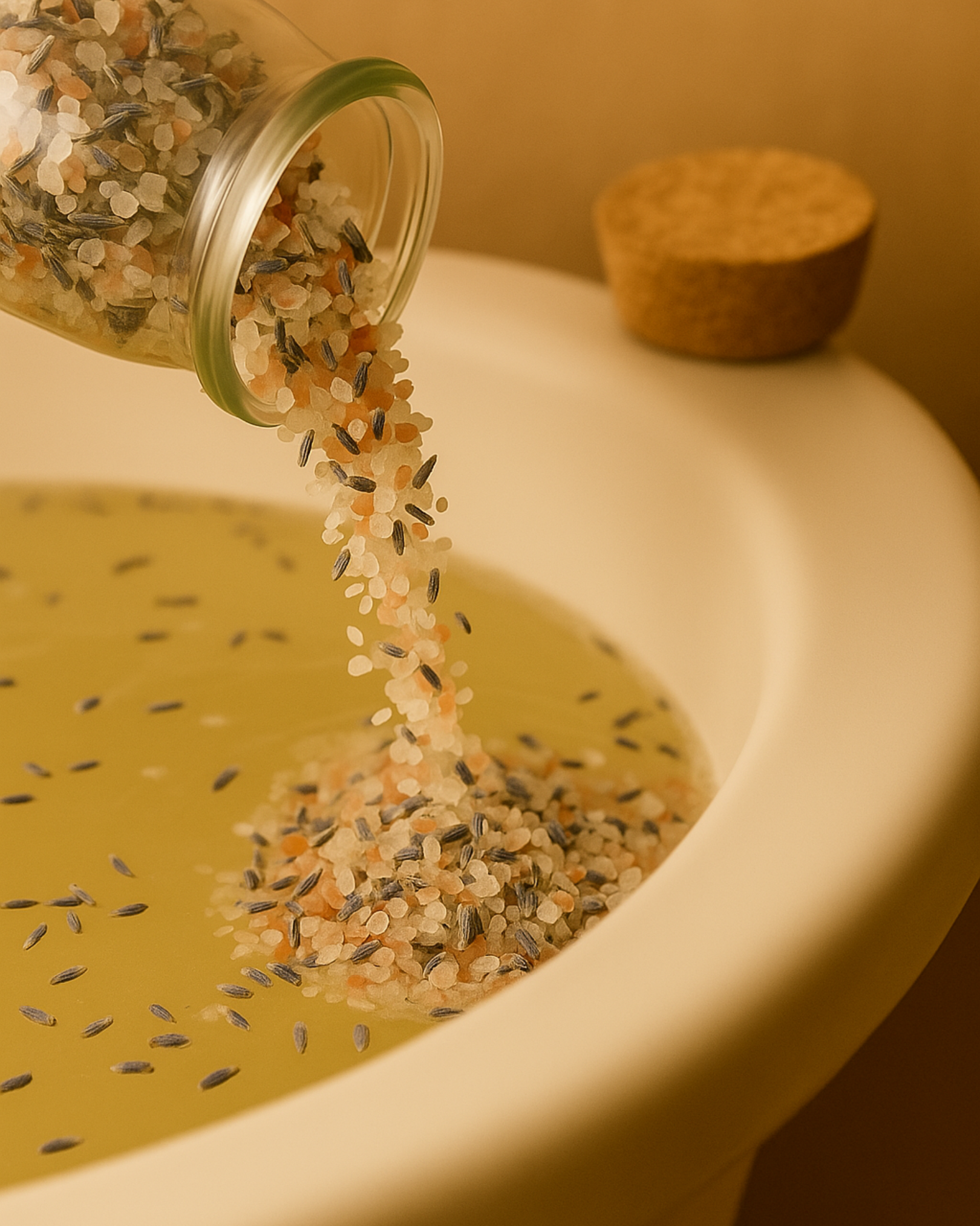 Handcrafted Nardus Hemera Bath Soak by DEOS CO being poured in warm water bath tub – natural Himalayan and lavender salts spilling from a glass jar onto a wooden tray.