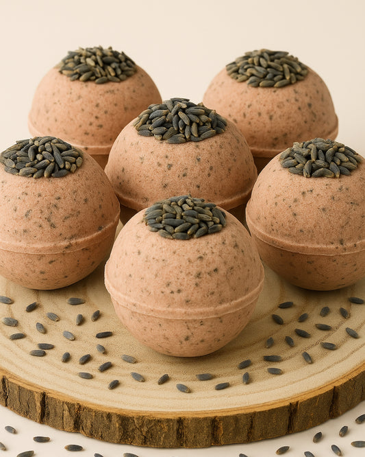 Nardus Sphere 6-pack Bath bombs set with seed toppings on a wooden surface by DEOS Co.