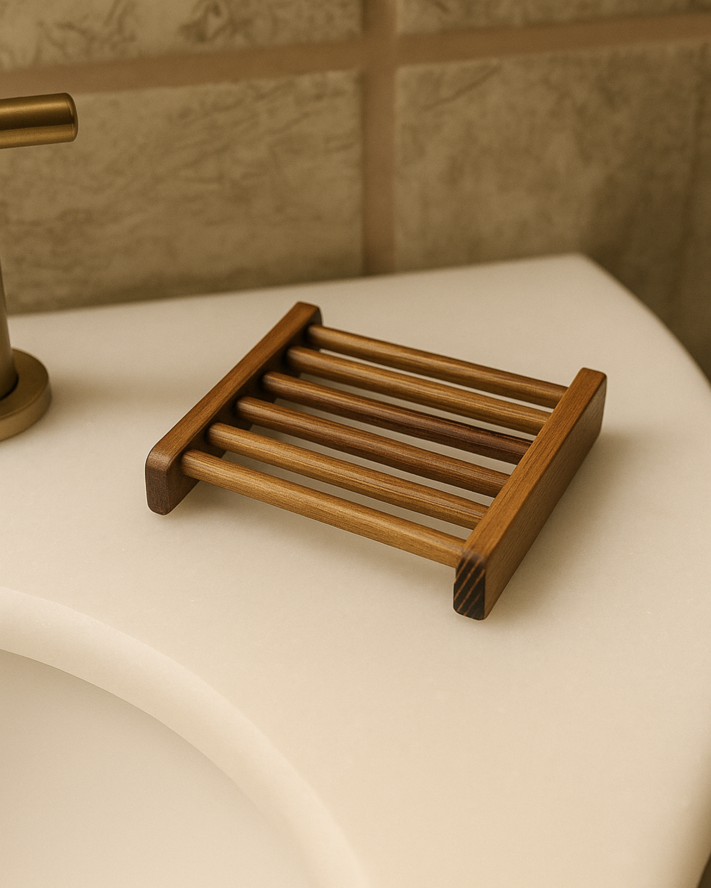 Deos Co.'s natural wooden soap dish holder against a neutral bathroom background
