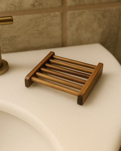 Deos Co.'s natural wooden soap dish holder against a neutral bathroom background