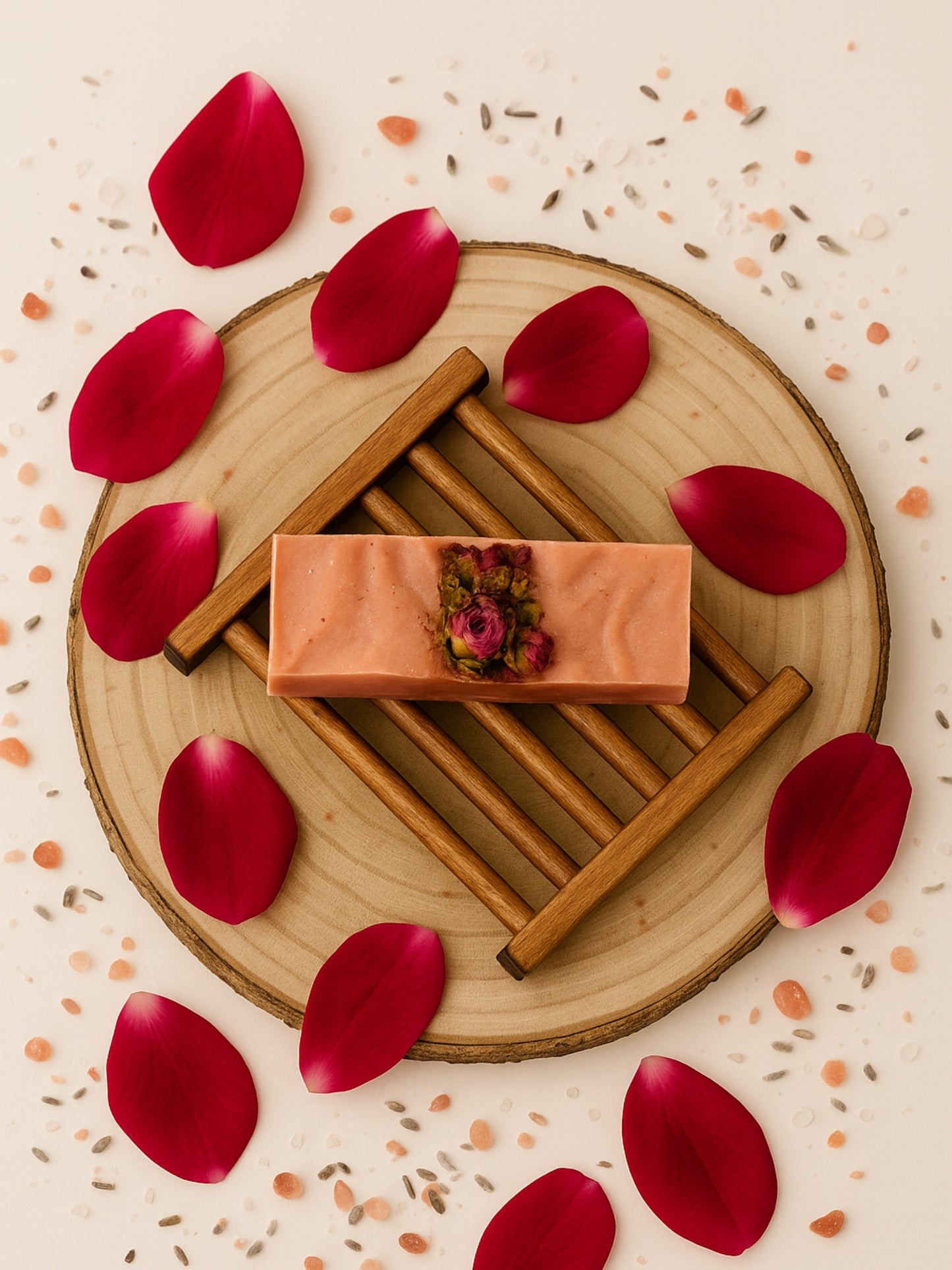Pink soap bar with floral design on Deos Co.'s natural wooden soap dish holder surrounded by red rose petals on a decorative surface. Wooden Soap Holder