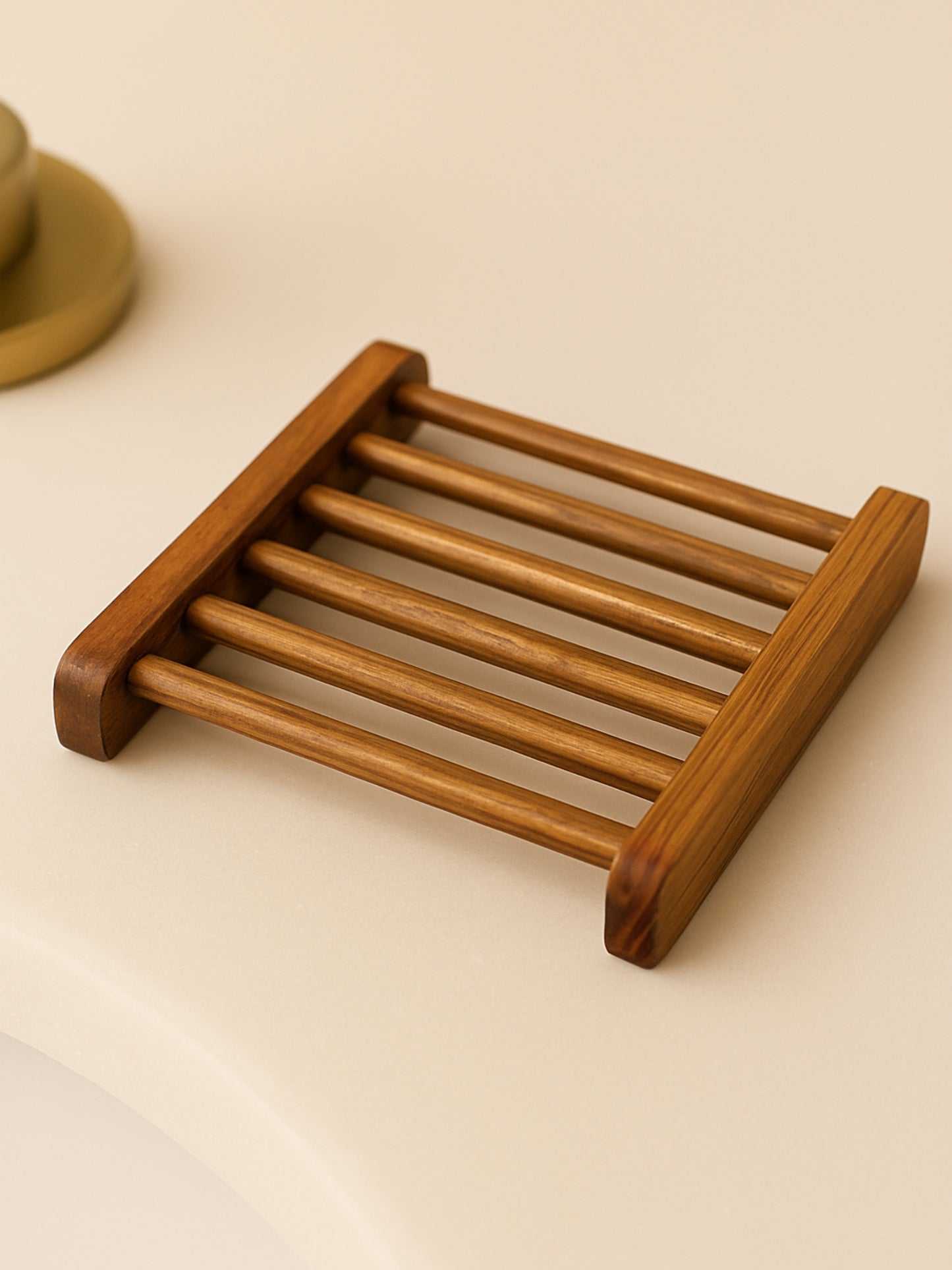 DEOS Co.'s Natural Wooden soap holder dish on a beige bathroom surface