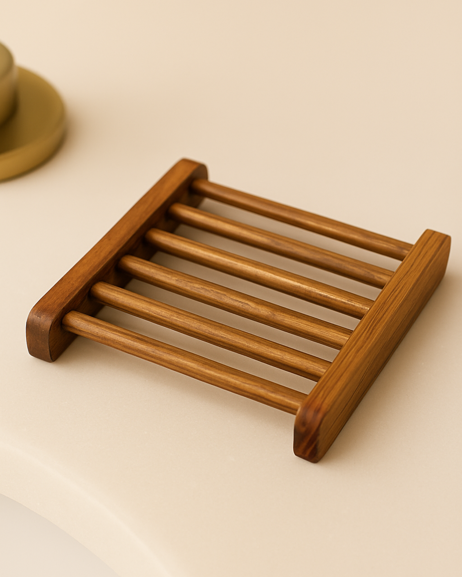 DEOS Co.'s Natural Wooden soap holder dish on a beige bathroom surface