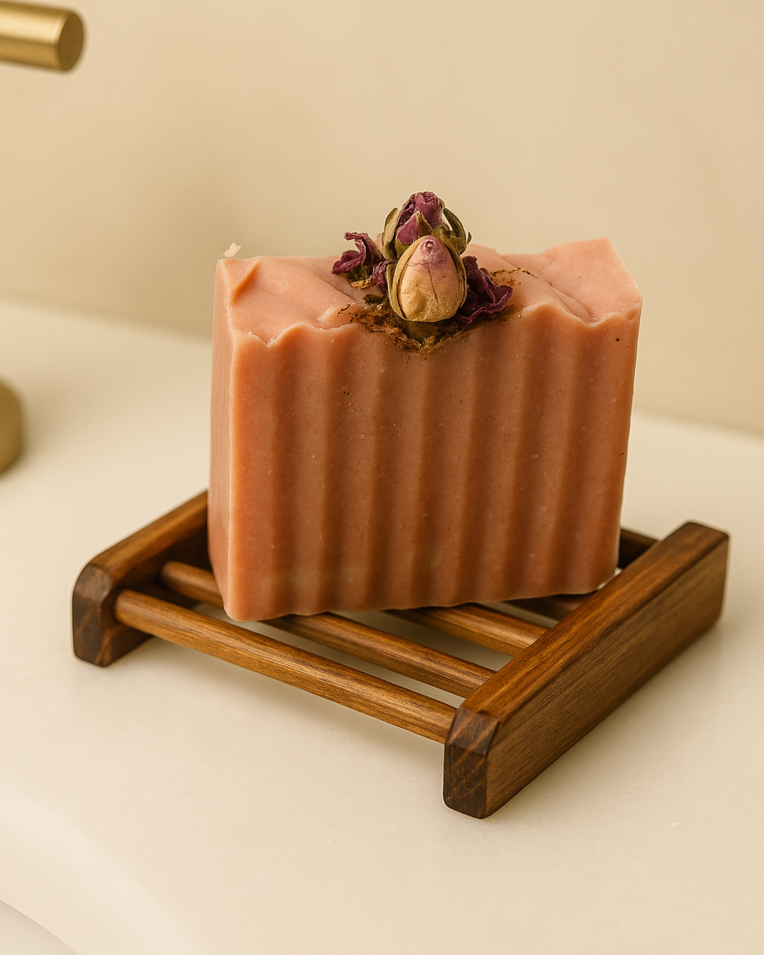 Bar of soap with dried flowers on Deos Co.'s natural wooden soap dish holder against a neutral bathroom background